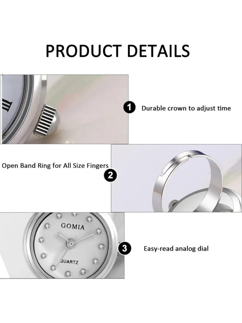 Unisex Silver White Quartz Roman Numeral Adjustable Open Band Finger Ring Watch